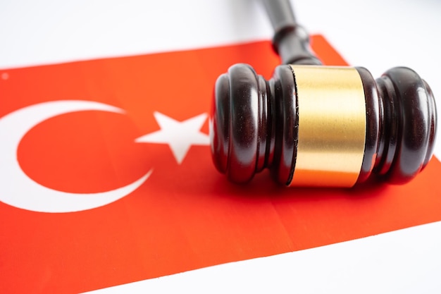 Turkey flag with gavel for judge lawyer Law and justice court concept