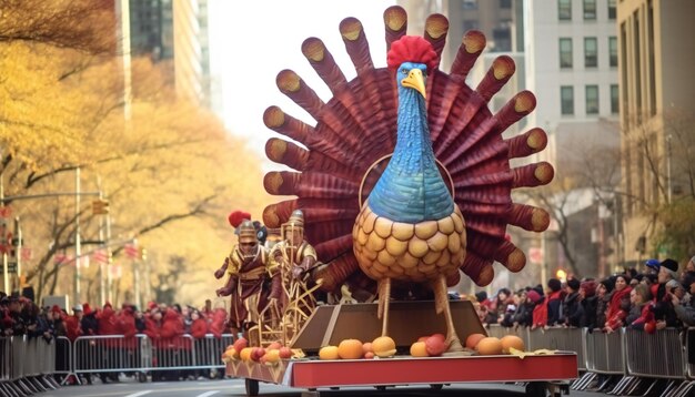 Turkey float in NYC with pilgrim marchers and spectators