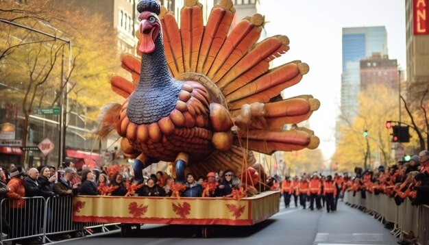 Photo turkey float in nyc with pilgrim marchers and spectators