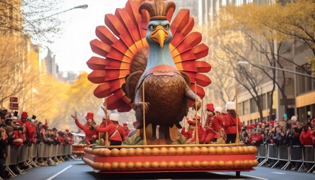 Turkey float in NYC with pilgrim marchers and spectators