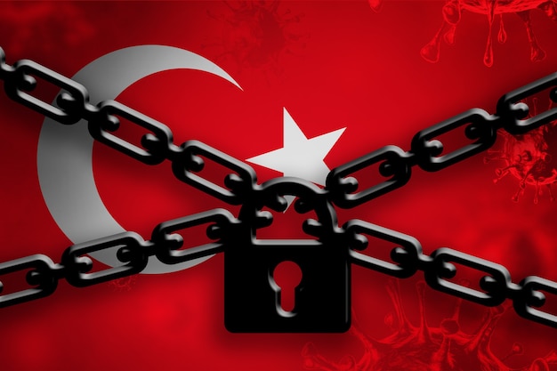 トルコの完全封鎖コロナウイルスCOVID19の発生トルコの旗をロックして連鎖させる