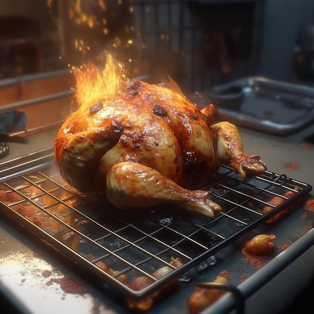 A turkey is cooking on a grill with a flame that says'turkey '
