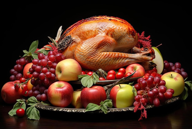 a turkey is filled with food and apples