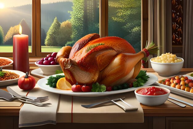 a turkey is on a plate with a bowl of fruit and vegetables.