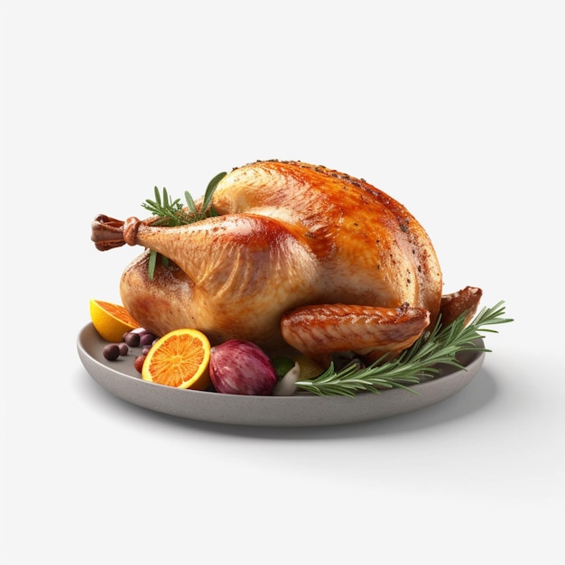 A turkey is on a plate with fruits and vegetables.