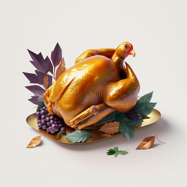 Photo a turkey is on a plate with leaves and grapes.