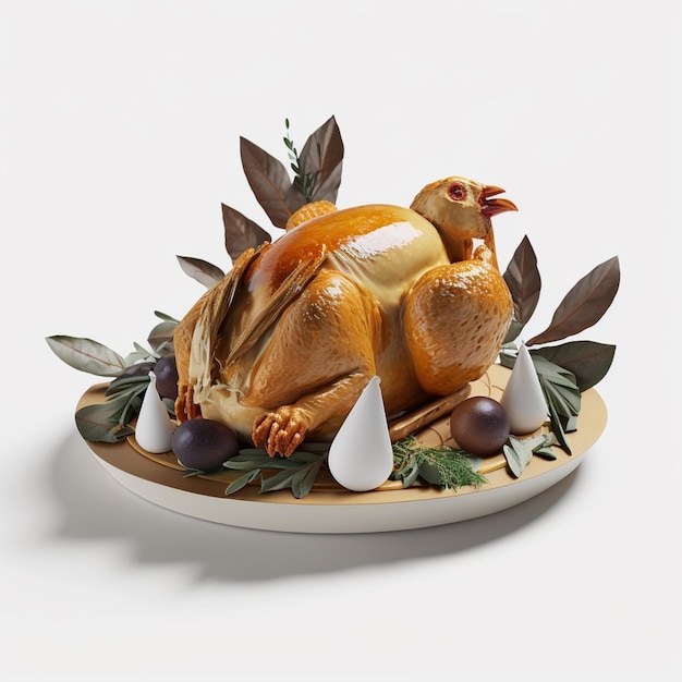 A turkey is on a plate with leaves and olives.