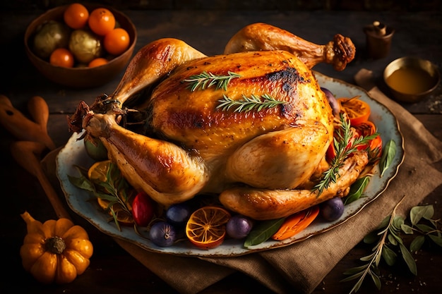 A turkey is served on a platter with vegetables and fruit.