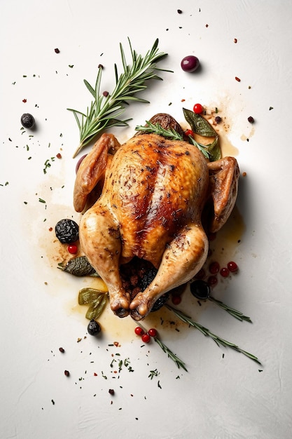 A turkey is shown on a white plate with herbs and spices.