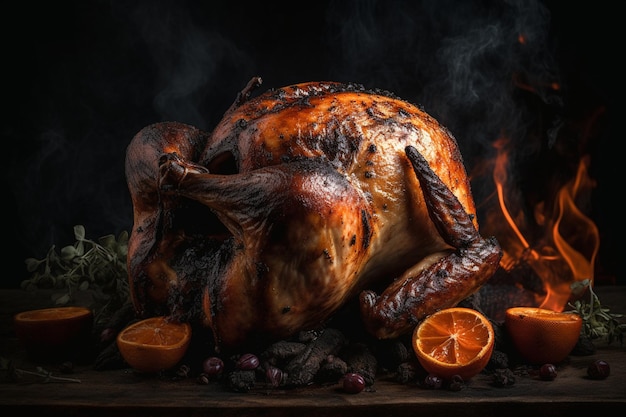 A turkey is on a table with a fire and smoke.