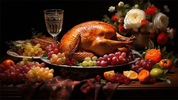 a turkey is on a table with fruit and vegetables