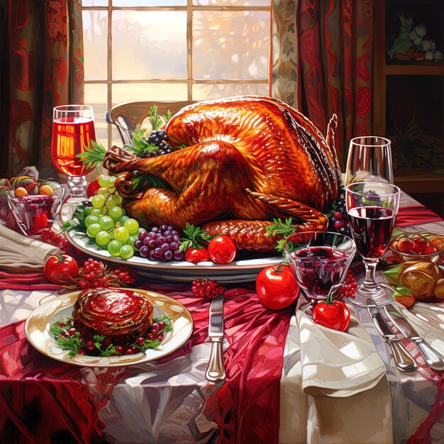 a turkey is on a table with grapes and wine