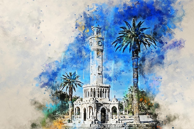 Photo turkey izmir konak square old clock tower artistic watercolor draw