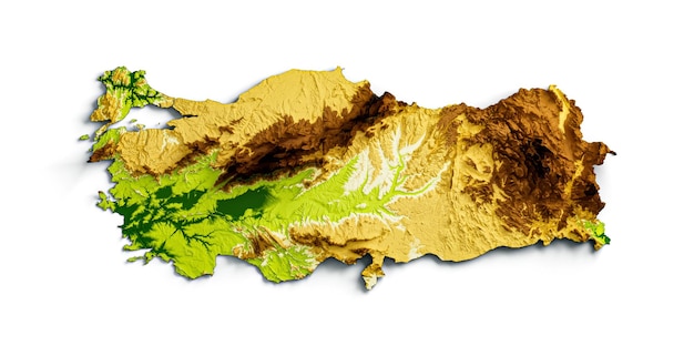 터키 지도 음영 처리된 구호 색상 높이 지도 바다 파란색 배경 3d 그림