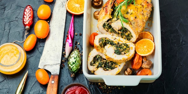 Turkey meatloaf with spinach and mushrooms.Meat roll with kumquat and orange sauce.Christmas dish