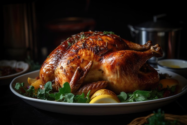 Photo a turkey on a plate with lemons and herbs