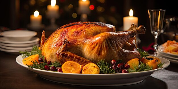 a turkey on a plate with oranges and cranberries