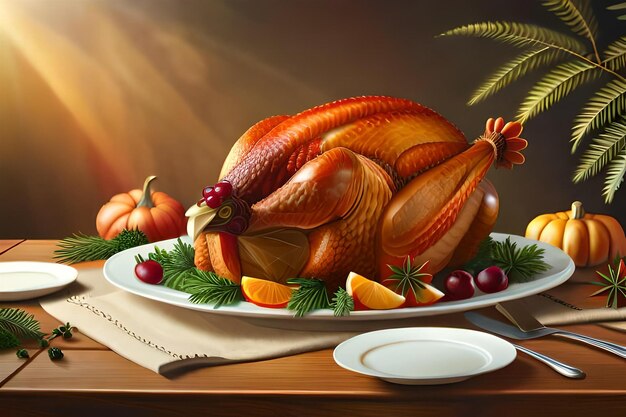 A turkey on a platter with fruits and vegetables
