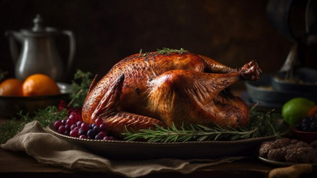 A turkey on a platter with grapes and rosemary