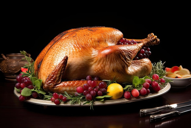 a turkey serves with holly in the style of white background