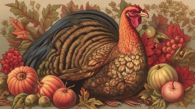 A turkey sits among autumn leaves and a pumpkin