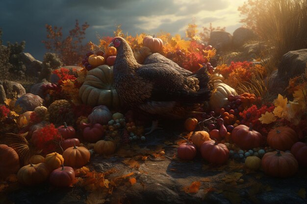 A turkey sits among a pile of pumpkins in the fall.