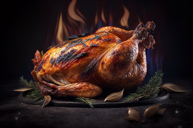 Photo a turkey sits on a plate of fire.