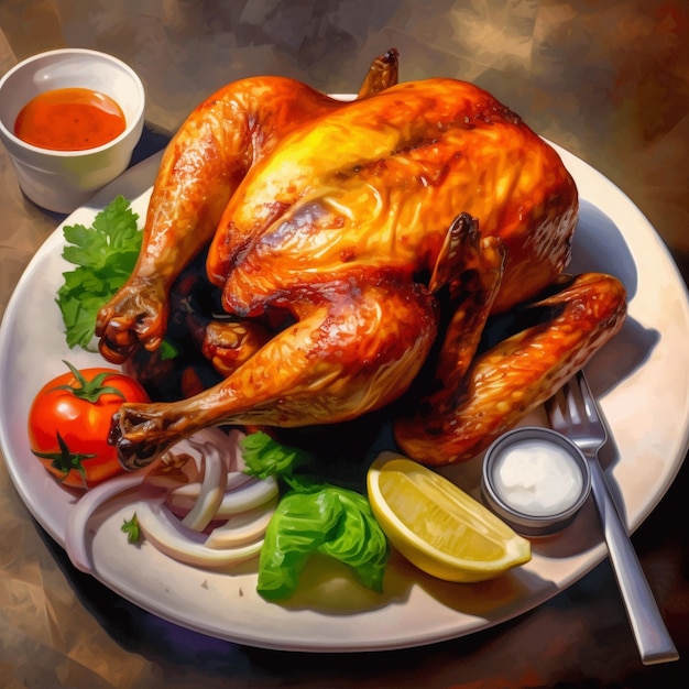 A turkey sits on a plate with a lemon and vegetables.