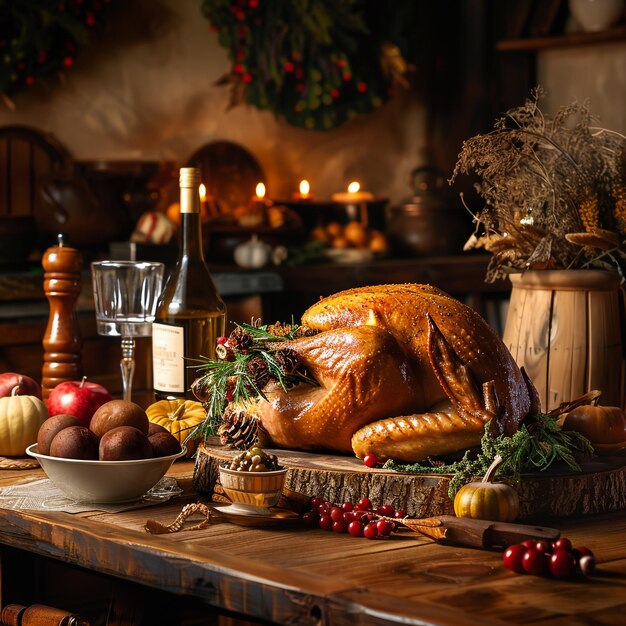 Photo a turkey sits on a table with a bottle of wine