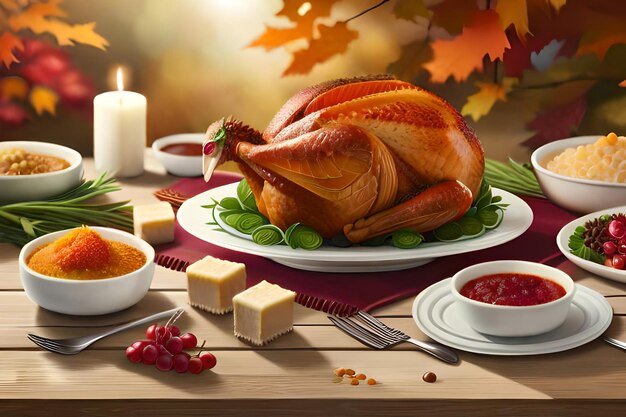 a turkey sits on a table with a candle in the background.