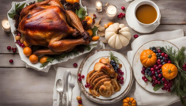 Photo a turkey sits on a table with a plate of bread and a turkey