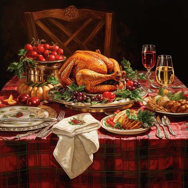 a turkey sits on a table with a tablecloth and a turkey on it