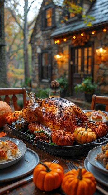 Photo a turkey sits on a tray with pumpkins on it