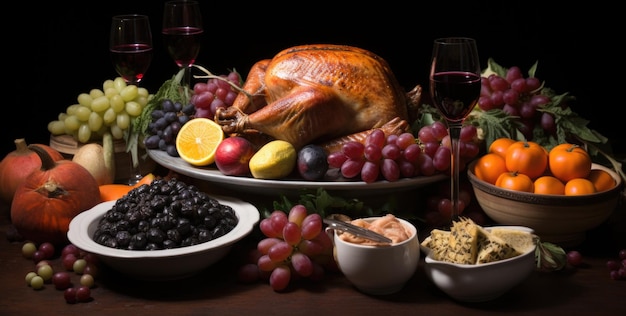 A turkey sitting on top of a table next to bowls of fruit ai