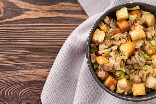 Turkey stuffing in bowl for holiday table, top view