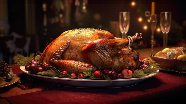 A turkey on a table with a glass of champagne