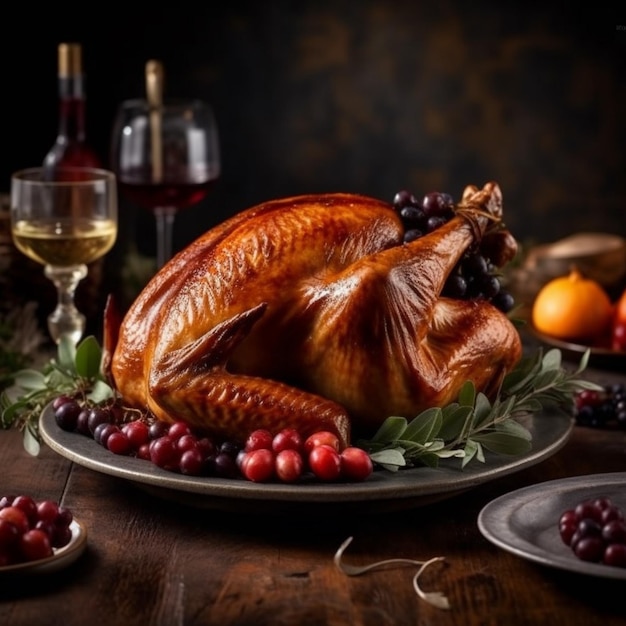 A turkey on a table with a glass of wine