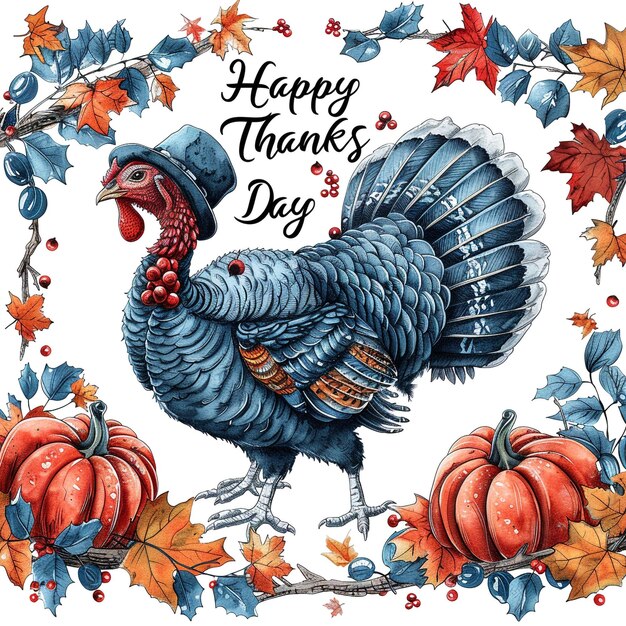 Photo a turkey with a blue hat on it is happy thanksgiving day