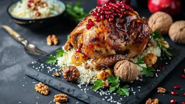 Photo a turkey with a bunch of rice and a plate of food on it