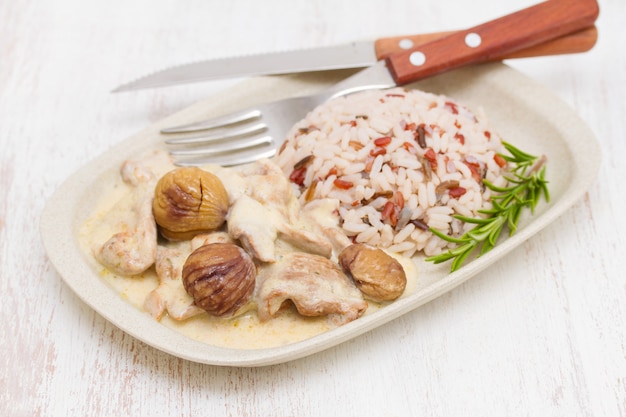 Turkey with chestnut and boiled rice on dish