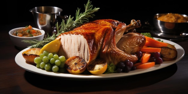 a turkey with fruit on a plate