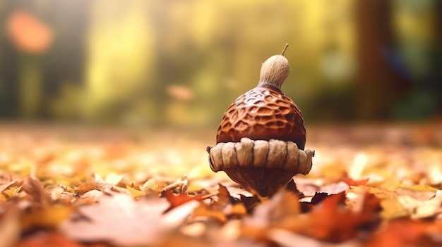A turkey with a shell on its head sits on a fallen leaves.