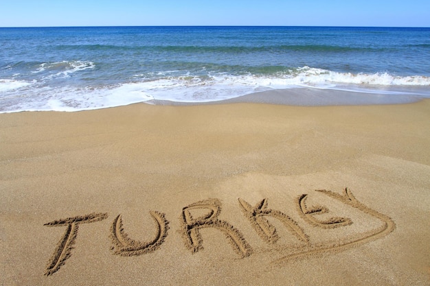 Turkey written on sandy beach