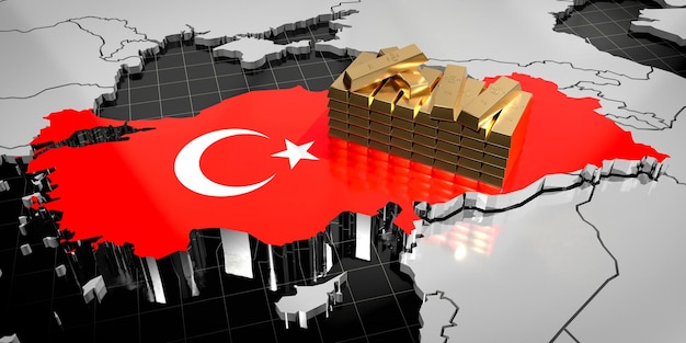Turkije kaart en vlag goudstaven 3D illustratie