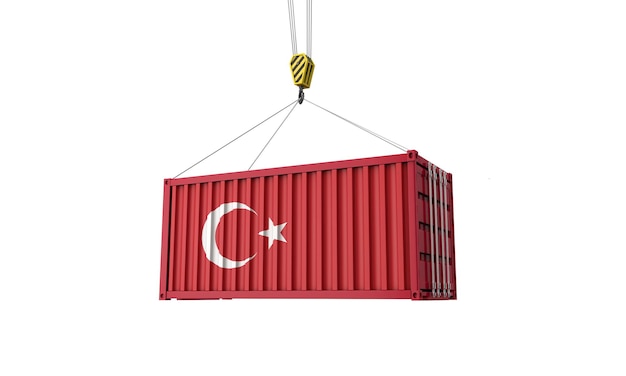 Turkije vlag vracht handelscontainer hangend aan een kraan d render