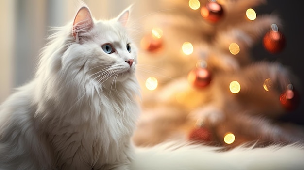 Turkish angora beside festive christmas tree