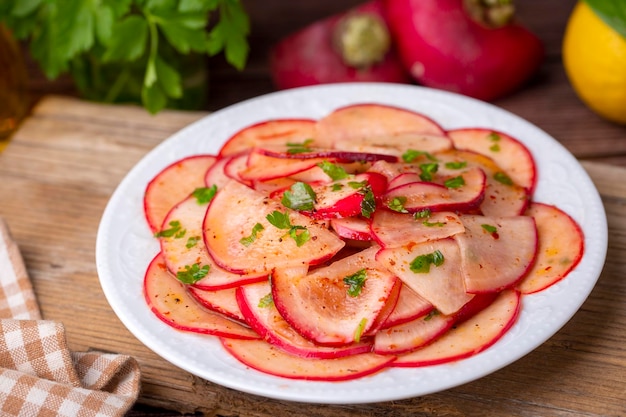 Turkish appetizers sliced radish appetizer with sour Turkish name Turp mezesi