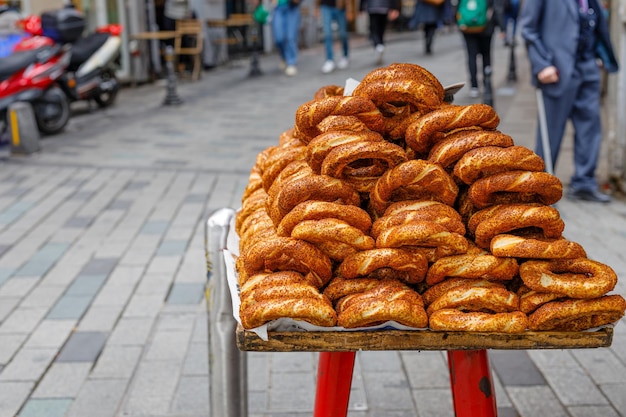 Turkish bagels simit on bagel tray Istanbul