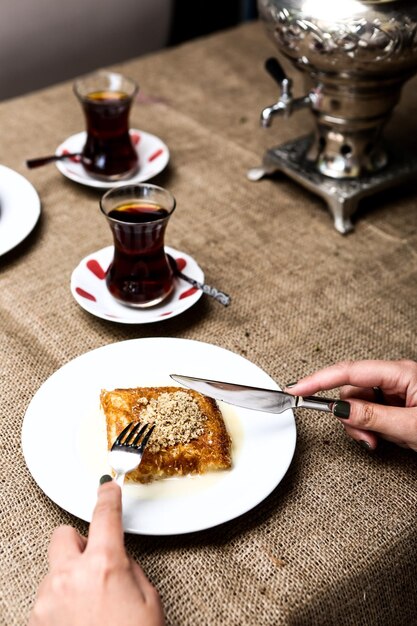 Turkish baklava cake with walnut filling