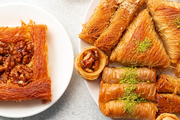 Turkish baklava dessert with honey close up